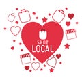 Shop local in heart with with bags hearts and stars vector design