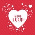 Shop local in heart with with bags hearts and stars vector design