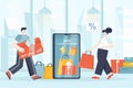 Shop loyalty program concept in flat design. Attraction of new clients scene. Man and woman shopping, receiving prizes from store Royalty Free Stock Photo