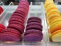 CloseÃ¢â¬â¹upÃ¢â¬â¹ ofÃ¢â¬â¹ macaroons many colors in glass cabinetÃ¢â¬â¹ atÃ¢â¬â¹ coffeeÃ¢â¬â¹ shop.Ã¢â¬â¹Colorful macarons at shop. Royalty Free Stock Photo