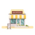 Shop or market store.Cute flat design store buiding vector illustration.Facade shopping store building with white fench