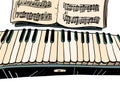 Shop with musical instruments. Piano with notes. Life is classical music. black and white keys Royalty Free Stock Photo