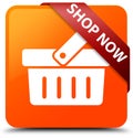 Shop now orange square button red ribbon in corner Royalty Free Stock Photo