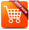 Shop now orange square button red ribbon in corner Royalty Free Stock Photo