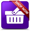 Shop now purple square button red ribbon in corner Royalty Free Stock Photo