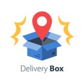 Shop order delivery, open box and location pin, receive postal parcel, pick up point