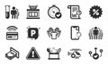 Shop, Report and Creativity concept icons set. Fast verification , Parking and Medical analyzes signs. Vector