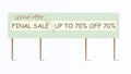 Shop sale billboard. Promotion announcement. Discount percent. Blank placard with stick. Public signpost. Shopping offer