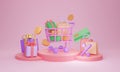 Shop sale, full shopping cart with bags on podium, 3D illustration concept.