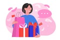 Shop sales vector illustration, cartoon flat happy woman shopper character holding gift box and shopping bag, buying Royalty Free Stock Photo