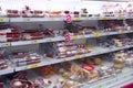 Shop of sausage and meat product. Wide selection of meat products in supermarket