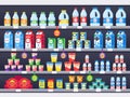 Shop shelf with milk products. Dairy grocery store shelves, milk bottle supermarket showcase and cheese product vector Royalty Free Stock Photo