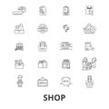 Shop, shopping bag, shopping mall, store, shopping cart, sale, shopping center line icons. Editable strokes. Flat design Royalty Free Stock Photo