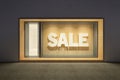 Shop showcase with sale banner in night, 3d render