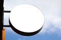 Shop signboard mockup. Street store exterior circle sign on sky background