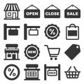Shop Signboard and Shopping Icons Set. Vector