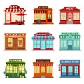 Shop store buildings. Market front exterior, isolated small business building icons. Supermarket, bakery restaurant or