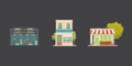 Shop store buildings vector illustrations set. Market exterior, restaurant. Vegetable store, pharmacy, boutique, urban