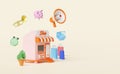 Shop store front with orange mobile phone or smartphone,megaphone,piggy bank,clock,paper bags,shopping cart isolated on pink