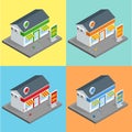 Shop, supermarket exterior. Shops stores and supermarket buildings flat decorative icons set isolated vector 3d Royalty Free Stock Photo