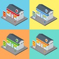 Shop, supermarket exterior. Shops stores and supermarket buildings flat decorative icons set isolated vector 3d