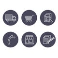 Shop symbols, navigation - stores, how to purchase, terms and conditions, contact, sign in and register, shipping, grey circular