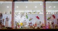 Shop Window with Christmas Decorations and Toys. Snowman, Rudolph, Santa Claus, Christmas Tree