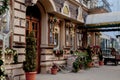 Shop window decorated in Christmas style. Christmas and New Year sales. Many different handbags and other items are sold in stores Royalty Free Stock Photo