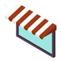 Shop window icon isometric vector. Large square window with striped canopy icon