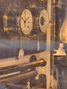 Shop window with retro objects, clock and messument tools for boats