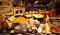 Shop window of traditional food in the city centre of Bologna, Italy.