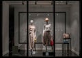 Shop windows and mannequins. Fashion Store exterior. City Night Boutique. Front View from street outdoor. LED light
