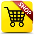 Shop yellow square button red ribbon in corner Royalty Free Stock Photo