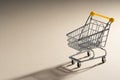 Shopaholic. Buyer. Shopping concept. Close-up. An isolated trolley and shopping basket on a ivory background bisected