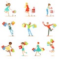 Shopaholic People Happy And Excited Running With Paper Shopping Bags Smiling Carton Characters Set