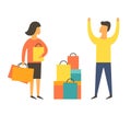 Shopaholic woman buying too much. Angry husband. Shopping addiction vector Royalty Free Stock Photo