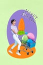 Shopaholic woman carry big huge carrot ride cart with large colored eggs Easter supermarket discounts collage