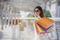 Shopaholic Women holding shopping bags ,money ,credit card person at shopping malls.Fashionable Woman love online website with Royalty Free Stock Photo
