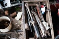 Shopfloor rusty steel hand tools and equipments box Royalty Free Stock Photo