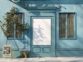 Shopfront with white blank and windows of a closed door. Old House Entrance with Wooden Door Royalty Free Stock Photo