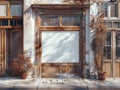 Shopfront with white blank and windows of a closed door. Old House Entrance with Wooden Door Royalty Free Stock Photo