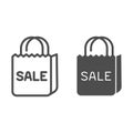 Shoping bag with inscription sale line and solid icon, shopping concept, discounts on purchases sign on white background