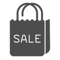 Shoping bag with inscription sale solid icon, shopping concept, discounts on purchases sign on white background, sale