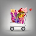 Shoping cart with Christmas gifts.