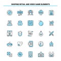 25 Shoping Retail And Video Game Elements Black and Blue icon Set. Creative Icon Design and logo template