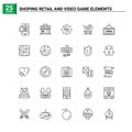 25 Shoping Retail And Video Game Elements icon set. vector background