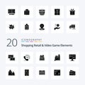 20 Shoping Retail And Video Game Elements Solid Glyph icon Pack like monitor computer print shopping box