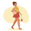 Shoping walking happy woman with products. Vector