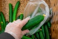 A shopper in gloves puts cucumbers
