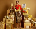 Shopper woman with shopping bag, red heart and big calculator Royalty Free Stock Photo